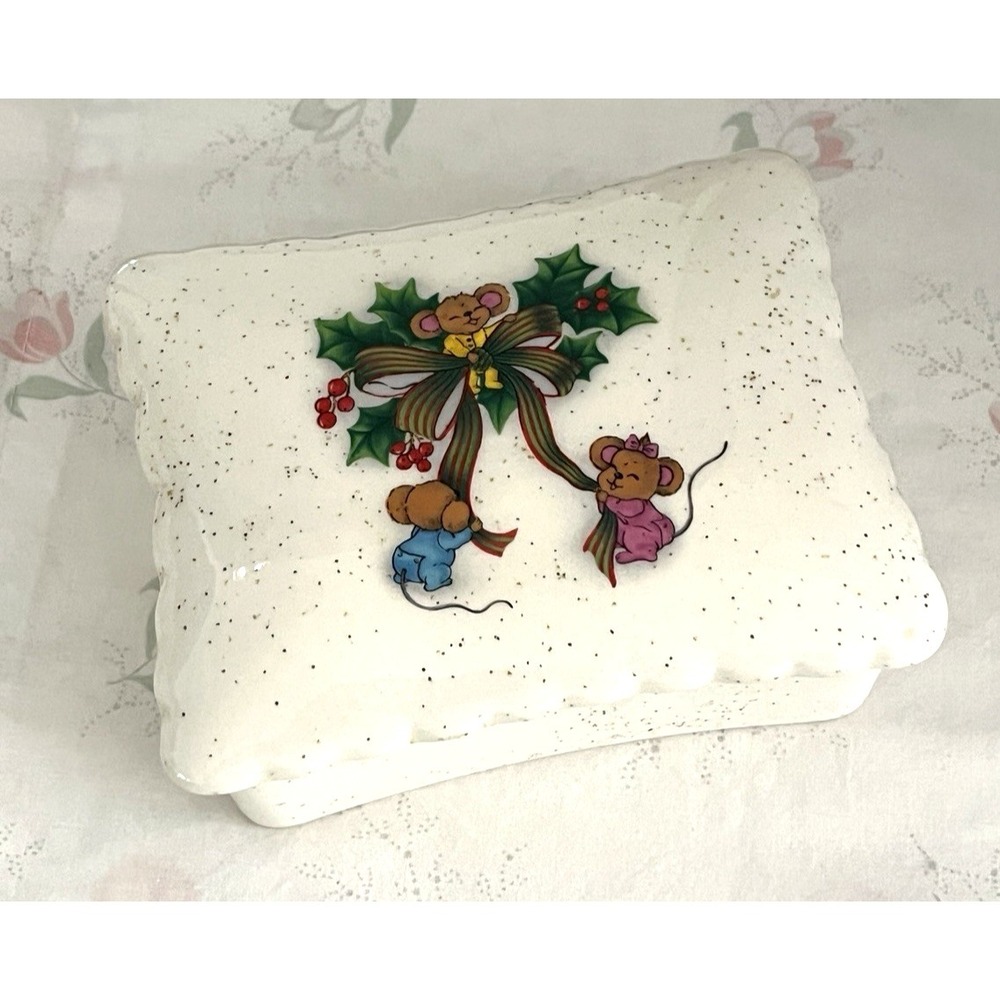 Vtg Christmas Covered Candy Dish w/Mice Glitter Handmade Kitsch Ceramic 1980's - Picture 8 of 12